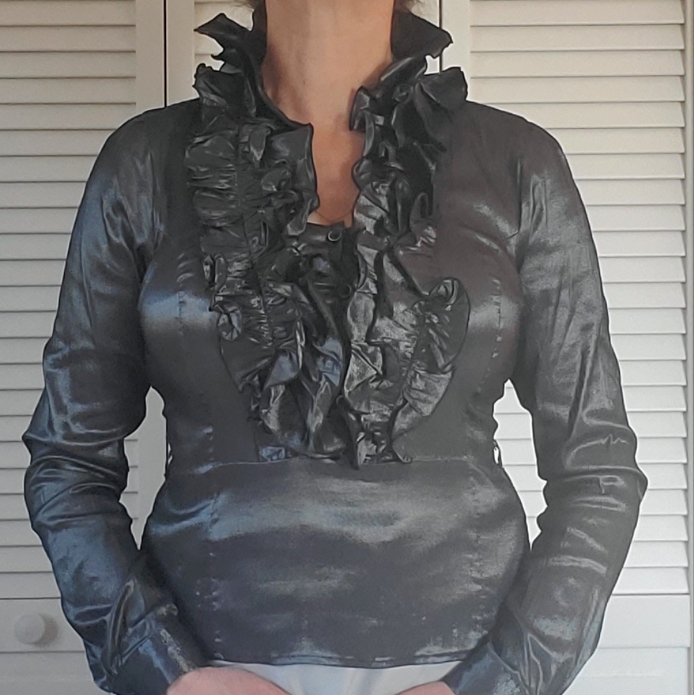 ELLY. Elegant Gun Metal Color Ruffled Blouse